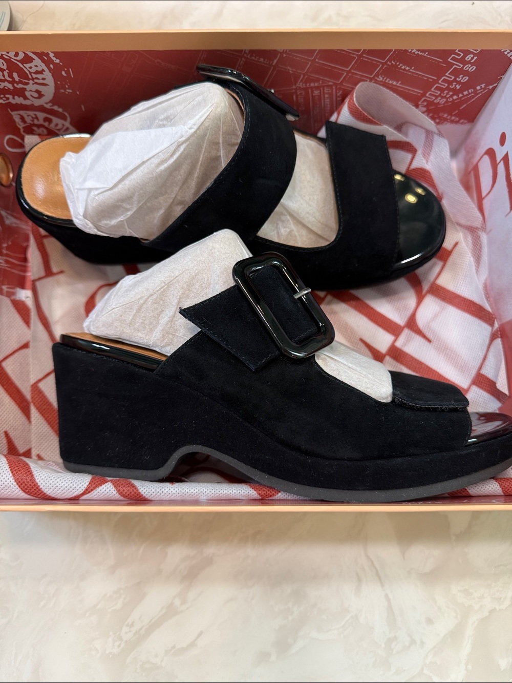 Women's Black Suede Buckle Platform Mule